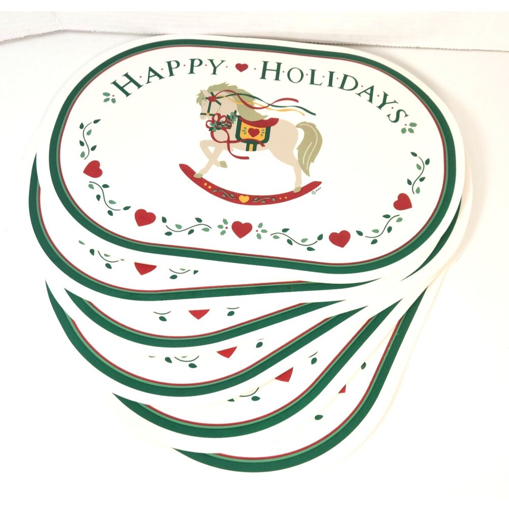 Set Of 6 Vintage Vinyl Christmas Placemats Happy Holidays Rocking Horse Hearts
